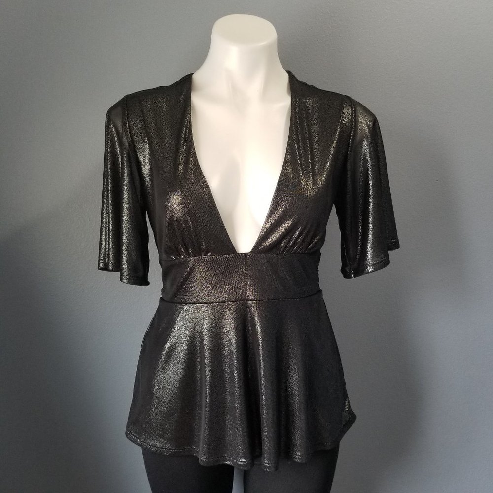 Express Metallic Deep V Neck Flutter Sleeve Blouse